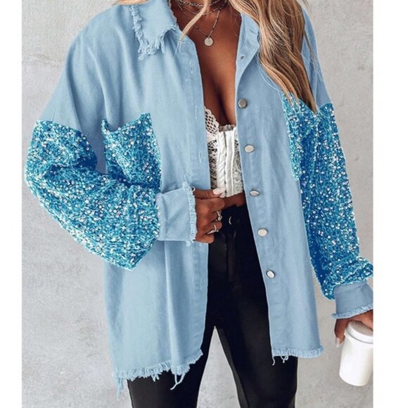 Luxe Sequin Button Down Frayed Detail Jacket Shacket - Picture 1 of 7